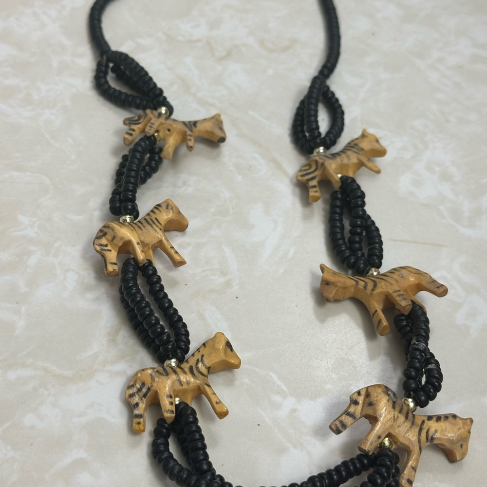 Vintage African hand-carved wooden safari animal bread necklace